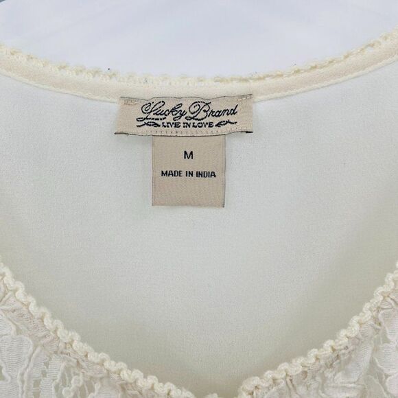 Lucky Brand Size Medium Ivory Floral Lace Front 3/4 Sleeve Boho Blouse Top - Picture 5 of 7